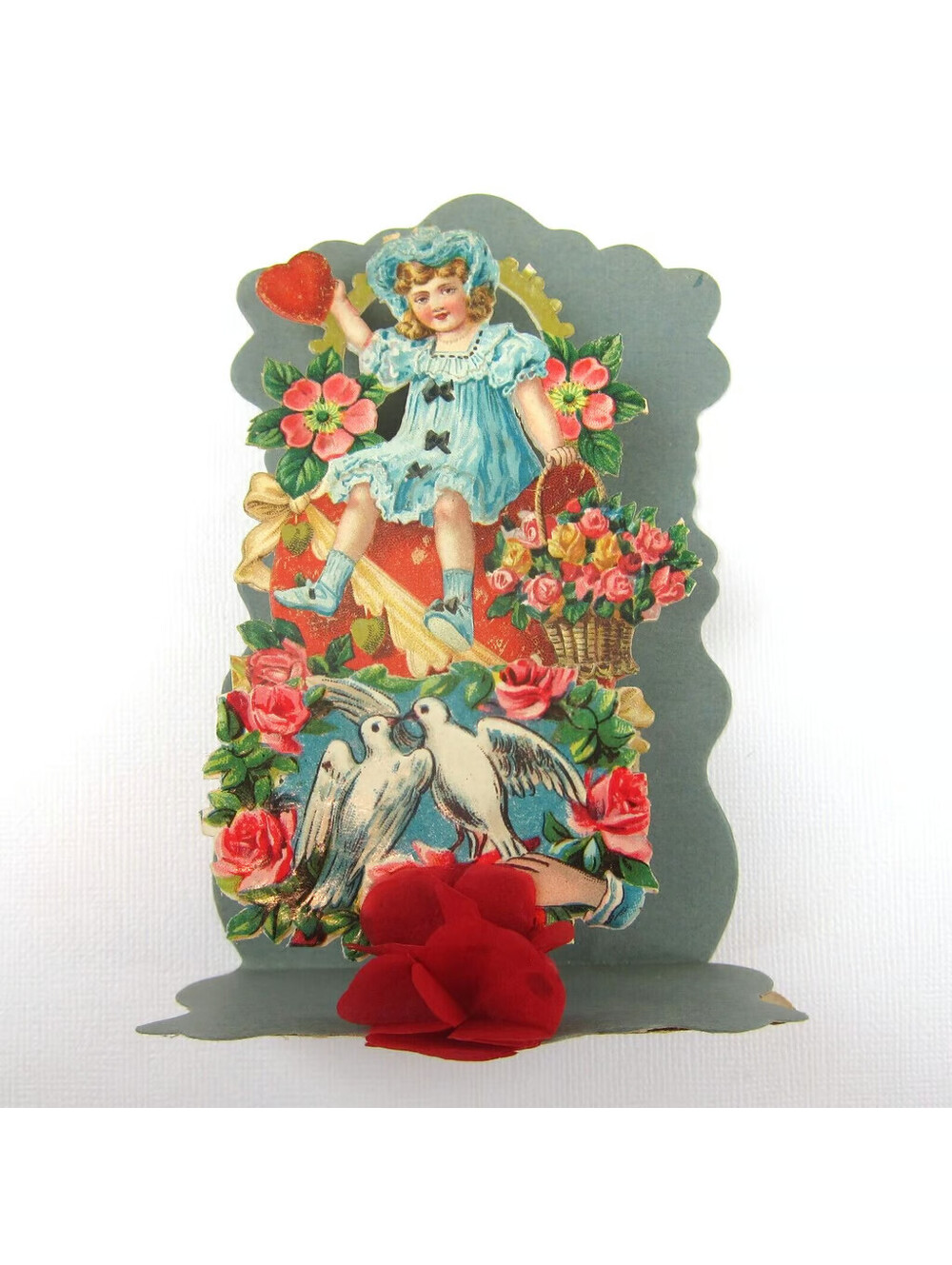Vintage Valentine Honeycomb 3D Pop Up Die Cut Blonde Girl Blue Dress Dove Flower